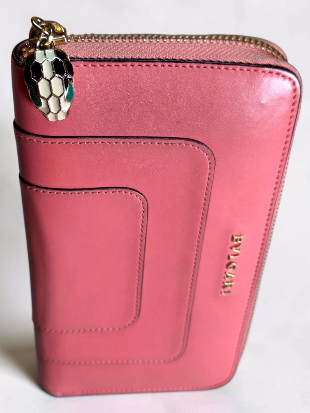 Bulgari Serpenti Rose Pink Leather Zip Wallet with Snake Charm Zipper Pull